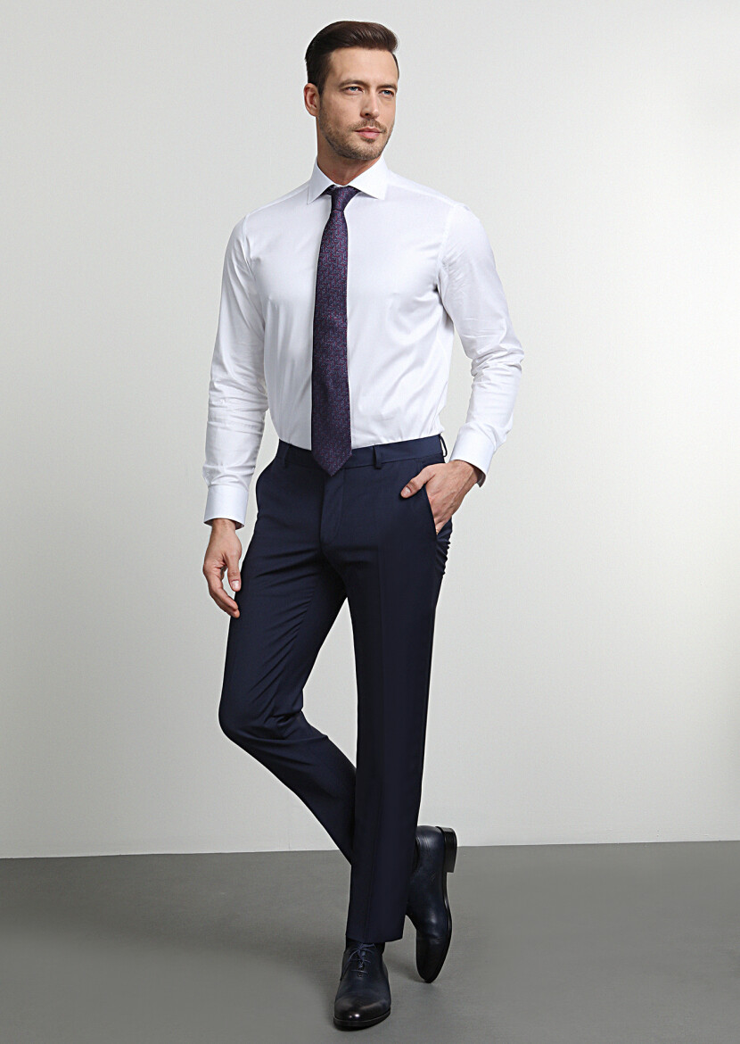 Açık Lacivert Düz Dokuma Slim Fit Klasik Yün Karışımlı Pantolon - 3