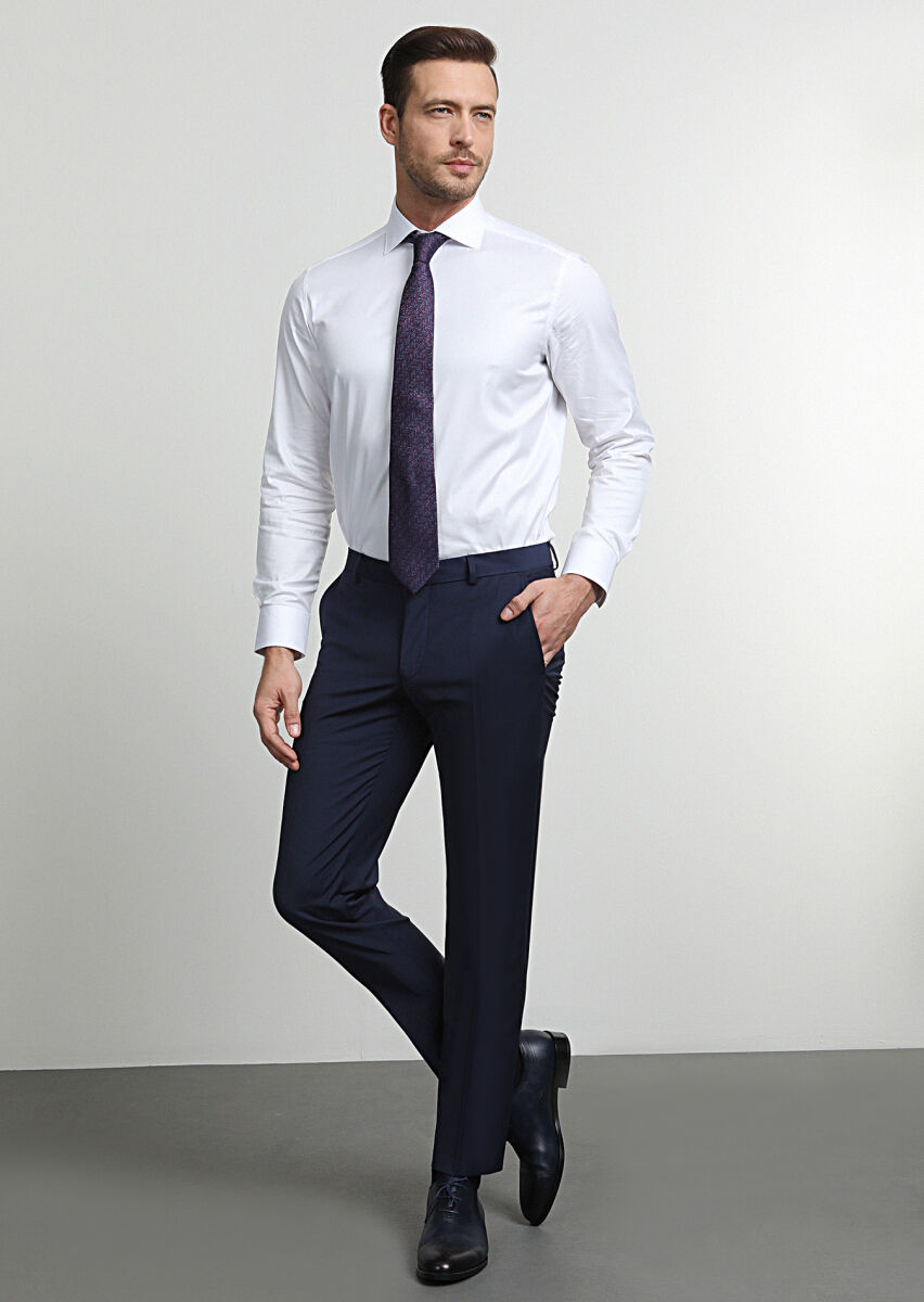 Açık Lacivert Düz Dokuma Slim Fit Klasik Yün Karışımlı Pantolon - 3
