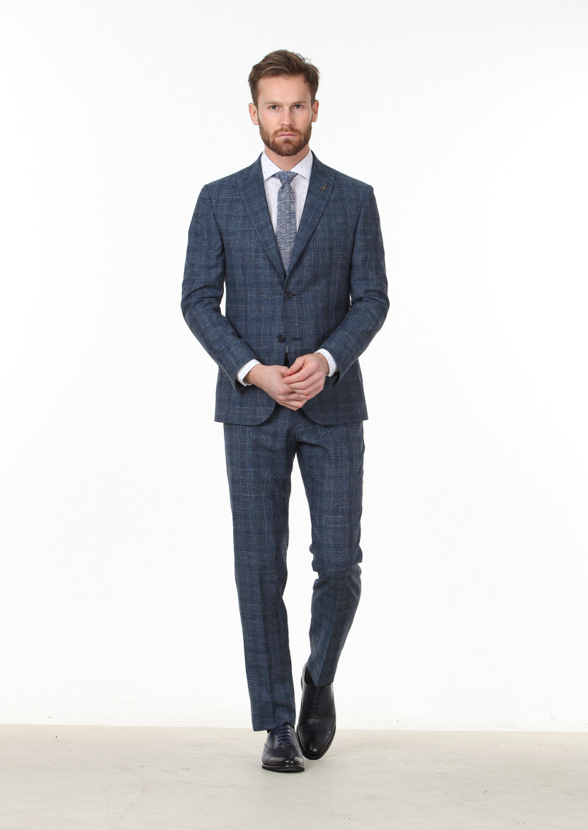 Açık Lacivert Kareli Zeroweight Slim Fit Yün Karışımlı Takım Elbise - 3