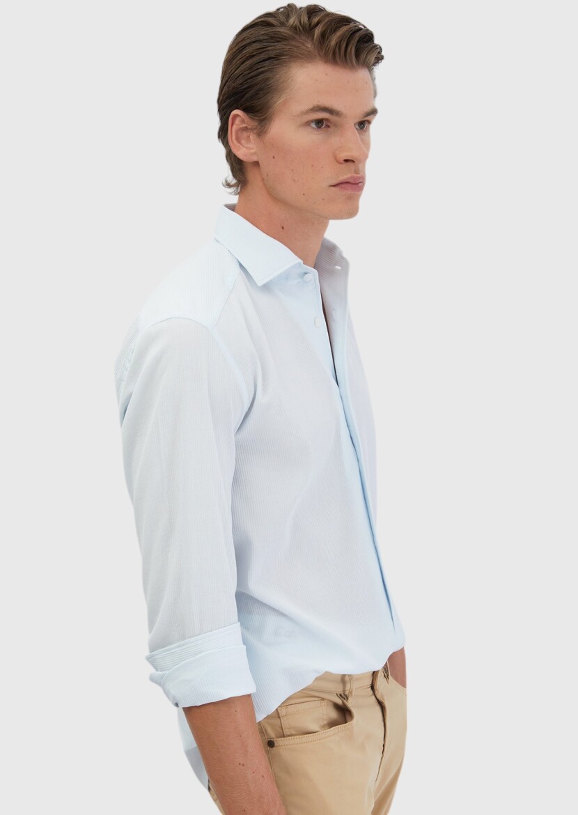 Açık Mavi Düz Casual Fit Dokuma Casual %100 Pamuk Gömlek - 5