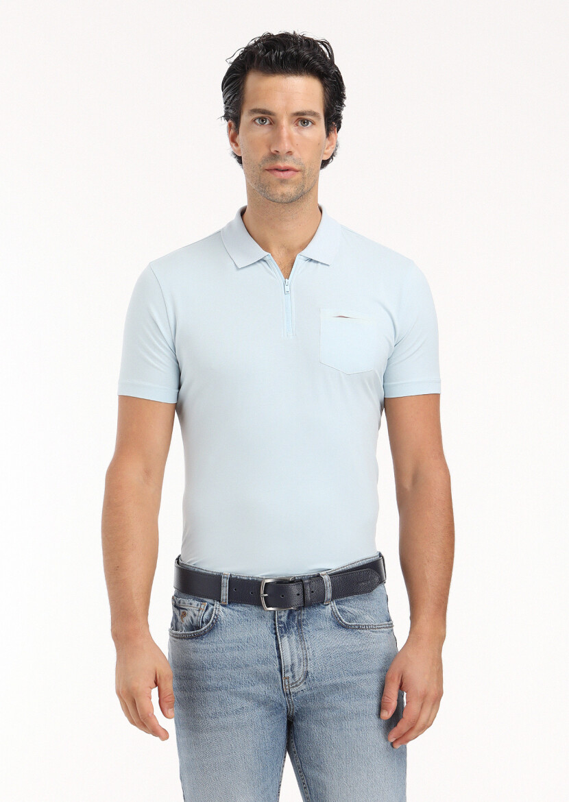 Açık Mavi Düz Polo Yaka Pamuk Karışımlı T-Shirt 