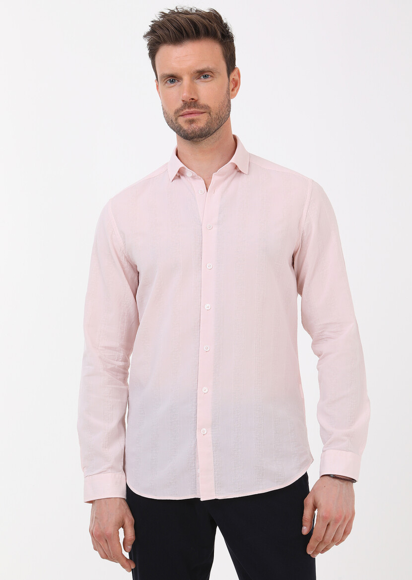 Açık Pembe Çizgili Slim Fit Dokuma Casual %100 Pamuk Gömlek 