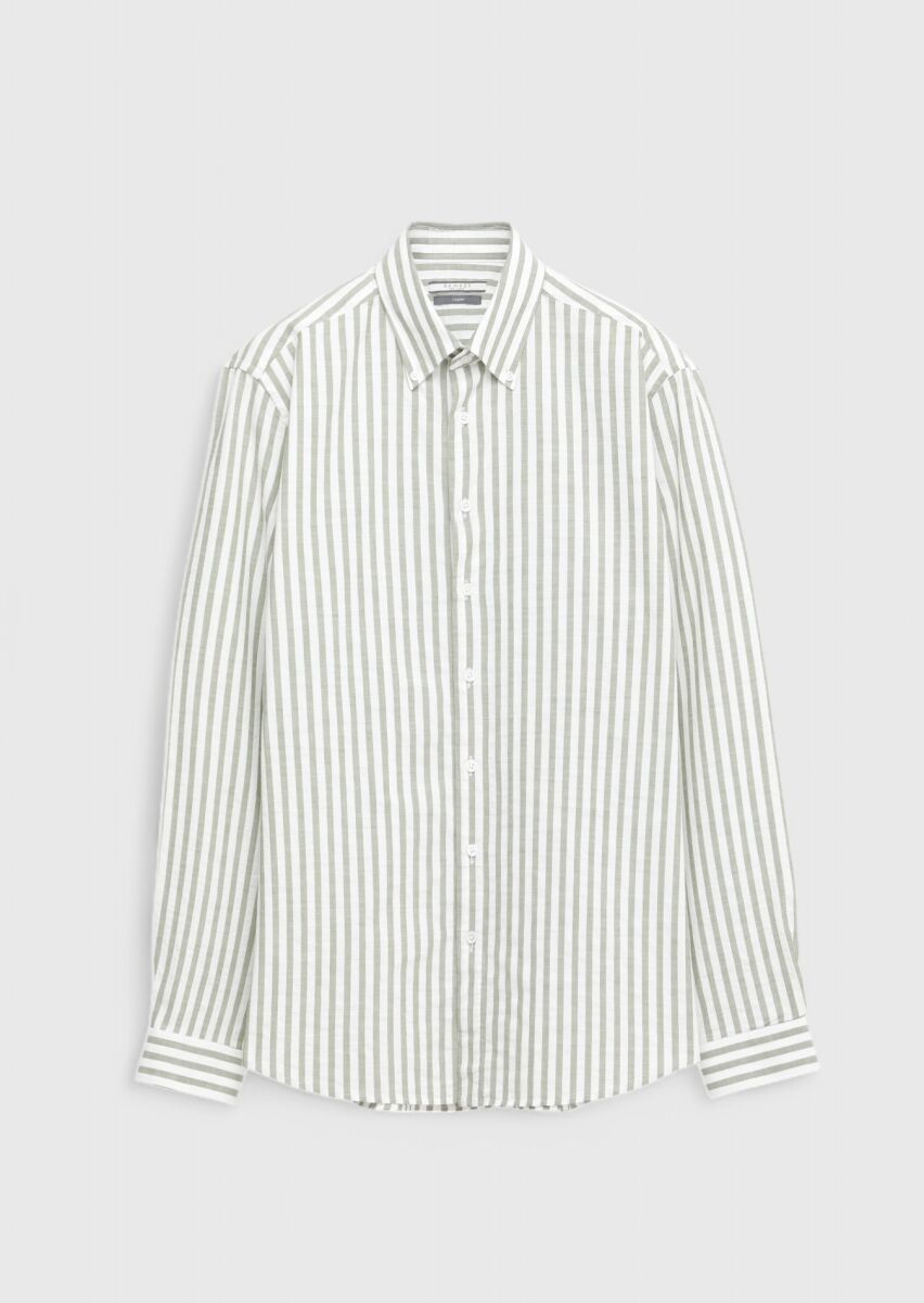 Açık Yeşil Çizgili Casual Fit Dokuma Casual %100 Pamuk Gömlek - 1