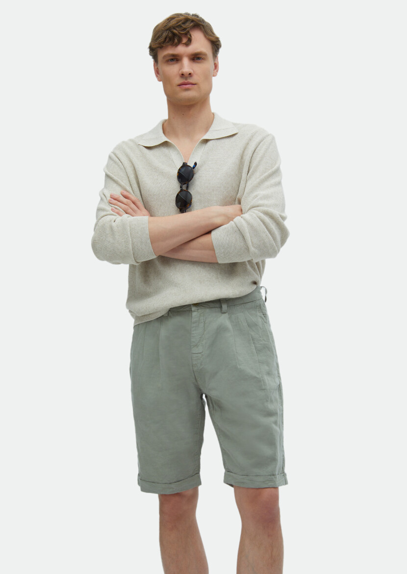 Açık Yeşil Düz Dokuma Carrot Fit Casual %100 Pamuk Bermuda 