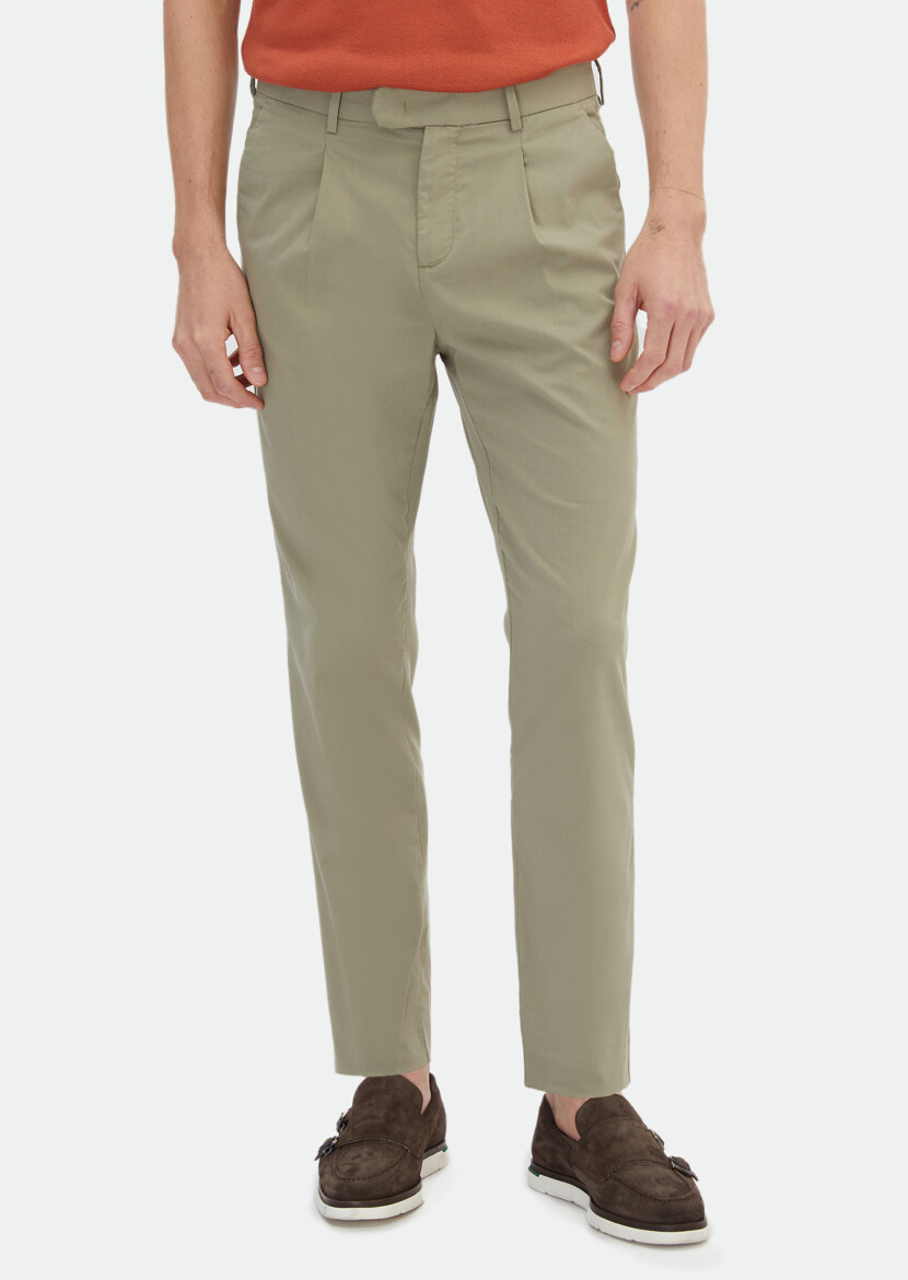 Açık Yeşil Düz Dokuma Regular Fit Casual Pamuk Karışımlı Pantolon 