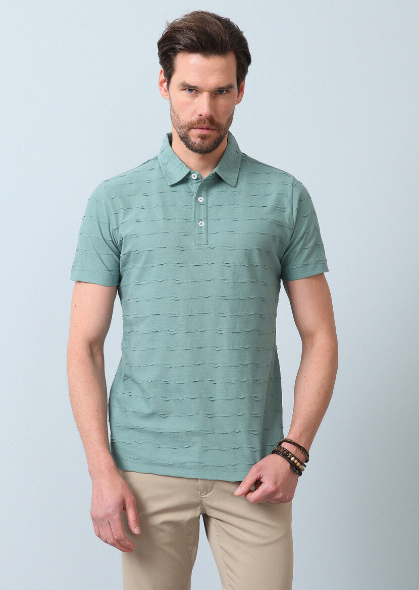 Açık Yeşil Jakarlı Polo Yaka %100 Pamuk T-Shirt 