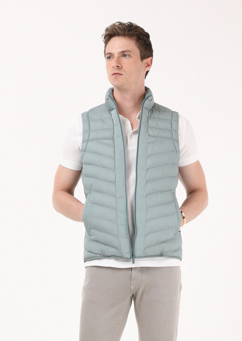 Açık Yeşil Regular Fit Dik Yaka Casual Dokuma Spor Yelek - 1