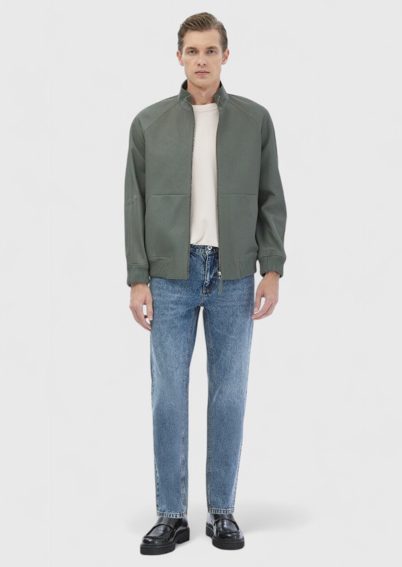 Açık Yeşil Regular Fit Dik Yaka Casual Süet Deri Mont - RAMSEY