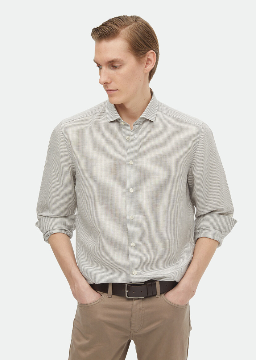 Antrasit Çizgili Regular Fit Dokuma Casual Keten Karışımlı Gömlek 