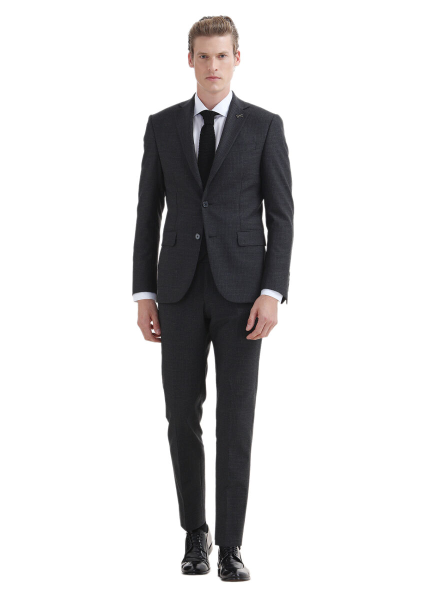 Antrasit Desenli Modern Fit Yün Karışımlı Takım Elbise - 1
