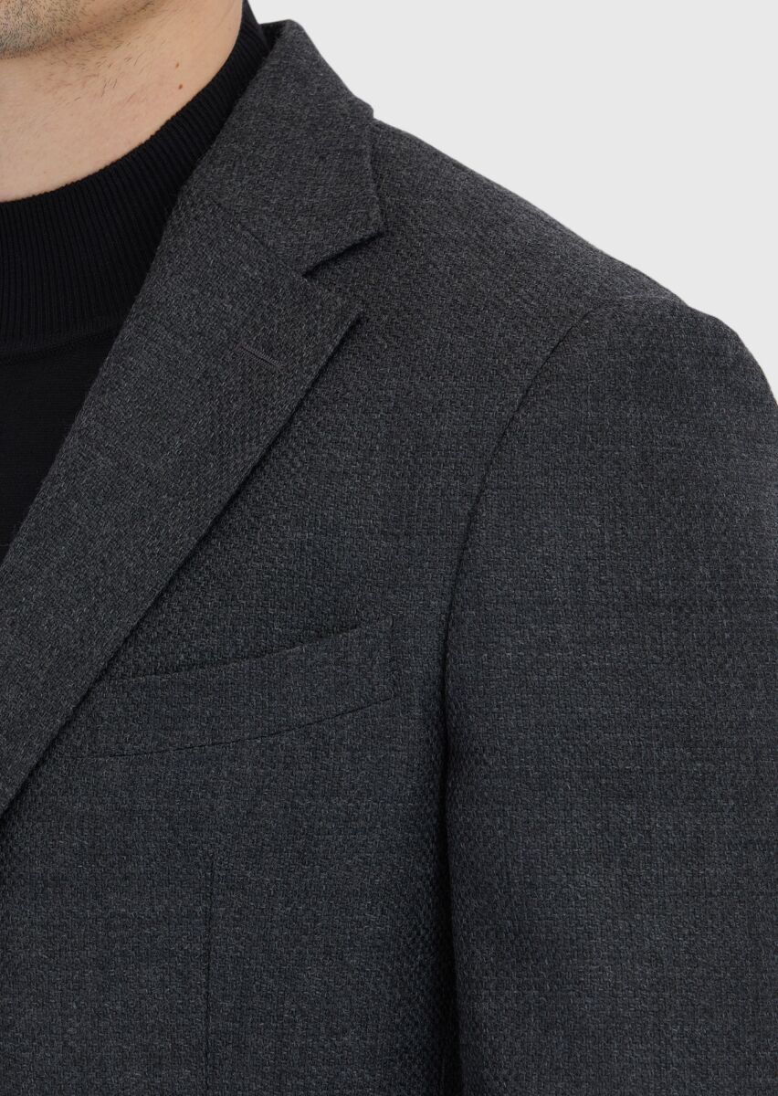 Antrasit Desenli Zeroweight Slim Fit %100 Yün Ceket - 4