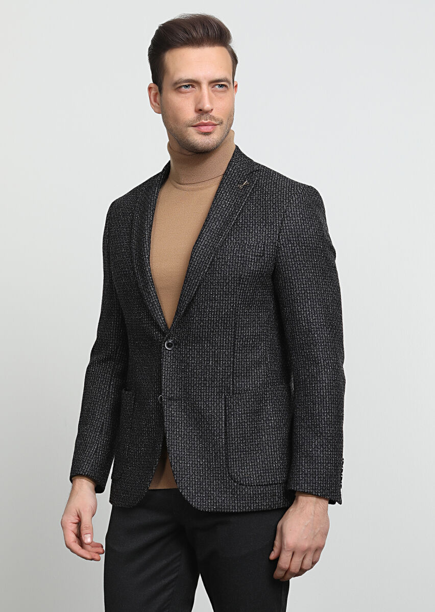 Antrasit Desenli Zeroweight Slim Fit Yün Karışımlı Ceket - 1