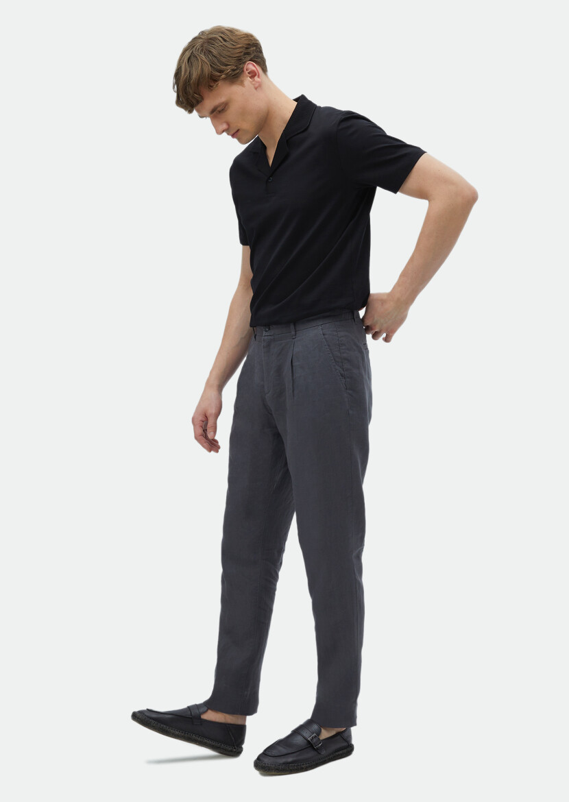 Antrasit Düz Dokuma Jogging Fit Casual %100 Keten Pantolon 