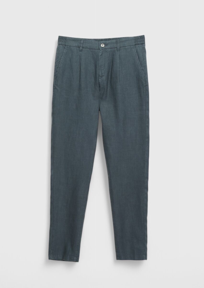 Antrasit Düz Dokuma Jogging Fit Casual %100 Keten Pantolon - 6