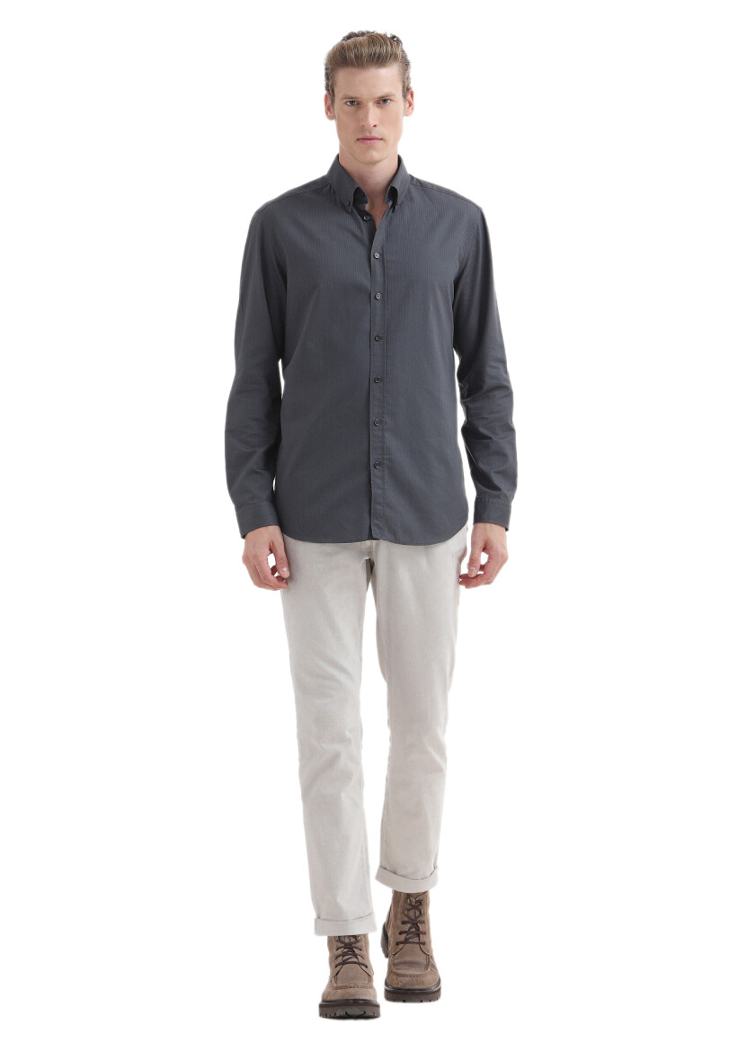 Antrasit Düz Regular Fit Dokuma Casual %100 Pamuk Gömlek 