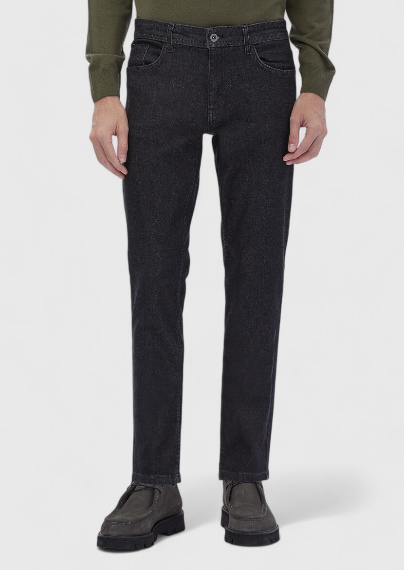 Antrasit Düz Slim Fit Denim İpek Karışımlı Pantolon 
