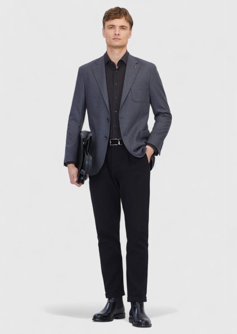 Antrasit Düz Yün Karışımlı Örme Ceket - RAMSEY