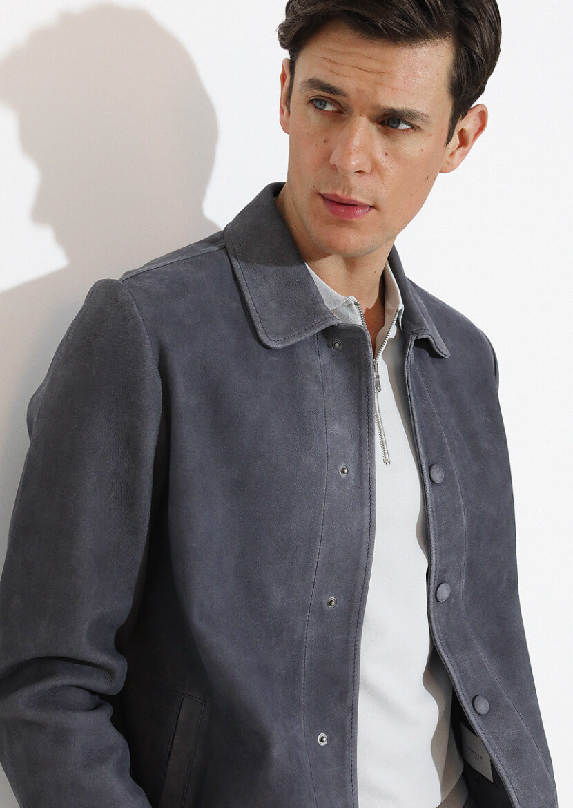 Antrasit Regular Fit Gömlek Yaka Casual Süet Deri Mont - 1