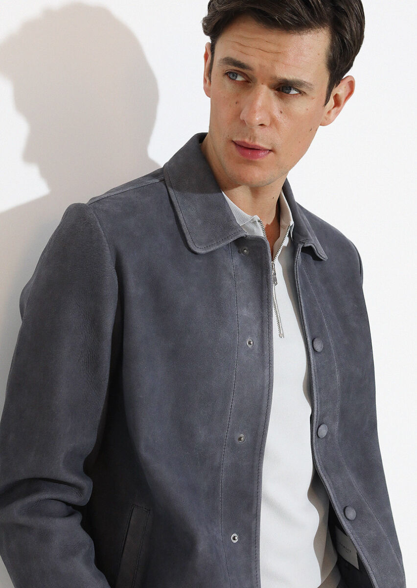 Antrasit Regular Fit Gömlek Yaka Casual Süet Deri Mont - 1