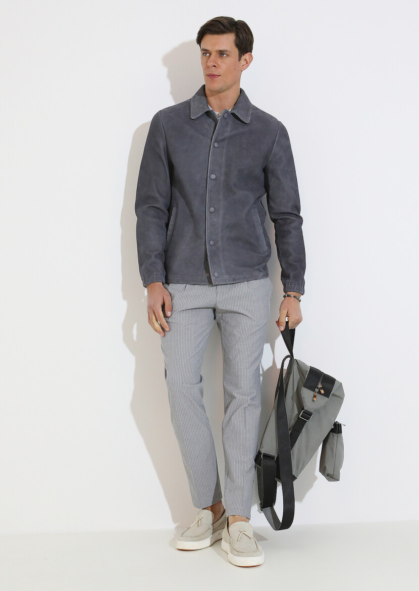 Antrasit Regular Fit Gömlek Yaka Casual Süet Deri Mont - 2