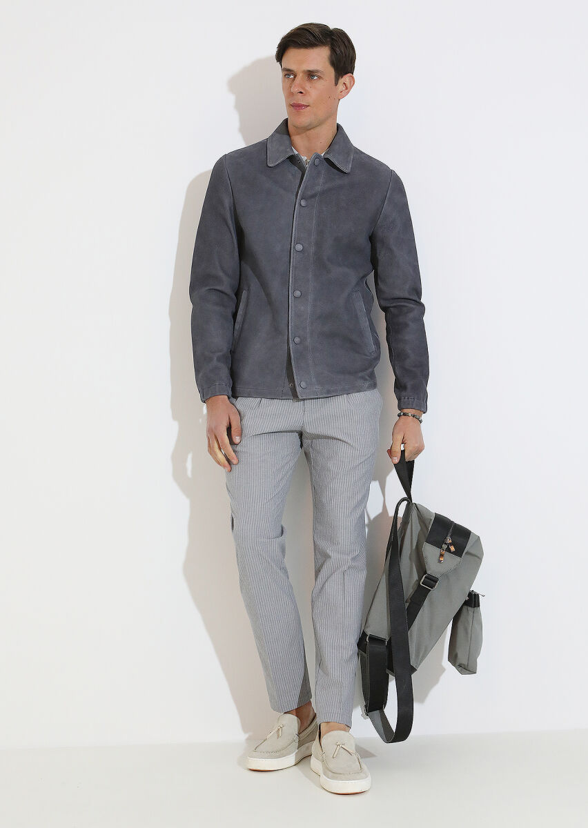 Antrasit Regular Fit Gömlek Yaka Casual Süet Deri Mont - 2