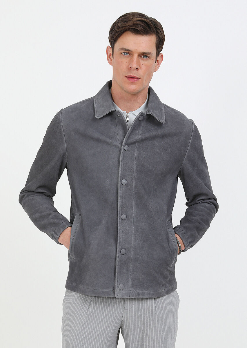 Antrasit Regular Fit Gömlek Yaka Casual Süet Deri Mont - 3
