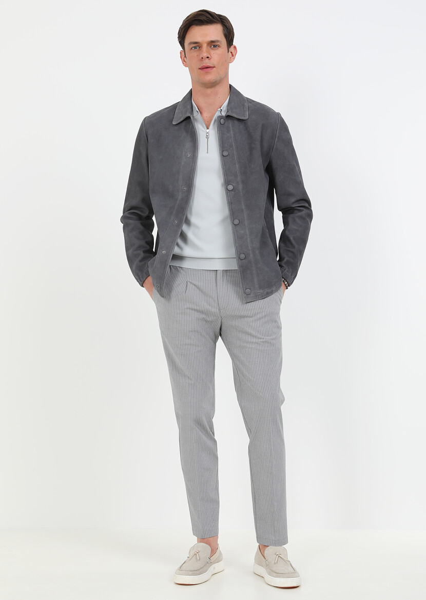 Antrasit Regular Fit Gömlek Yaka Casual Süet Deri Mont - 4