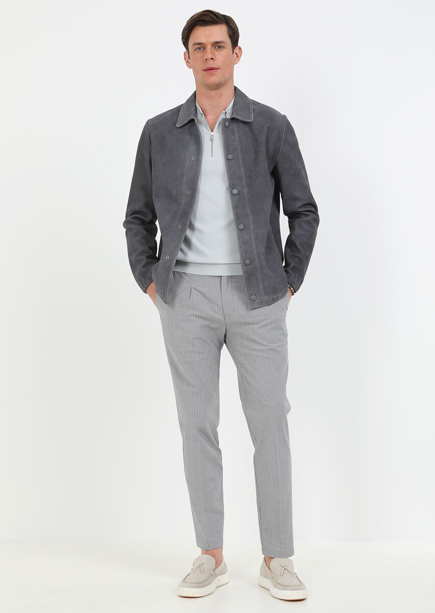 Antrasit Regular Fit Gömlek Yaka Casual Süet Deri Mont - 4