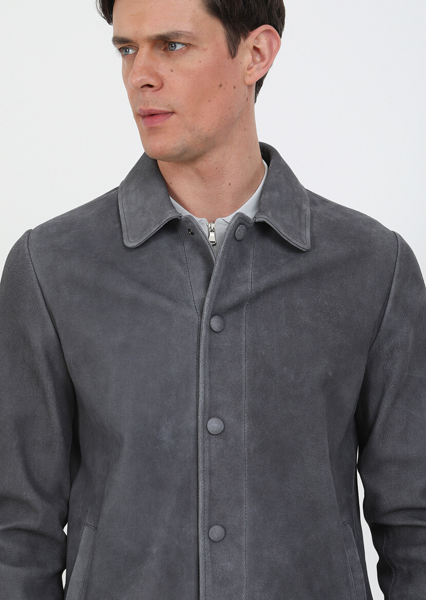 Antrasit Regular Fit Gömlek Yaka Casual Süet Deri Mont - 5