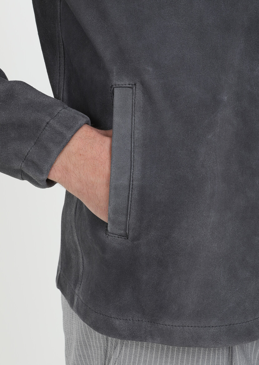 Antrasit Regular Fit Gömlek Yaka Casual Süet Deri Mont - 7