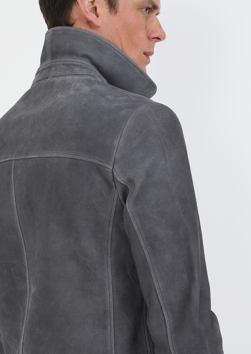Antrasit Regular Fit Gömlek Yaka Casual Süet Deri Mont - 8