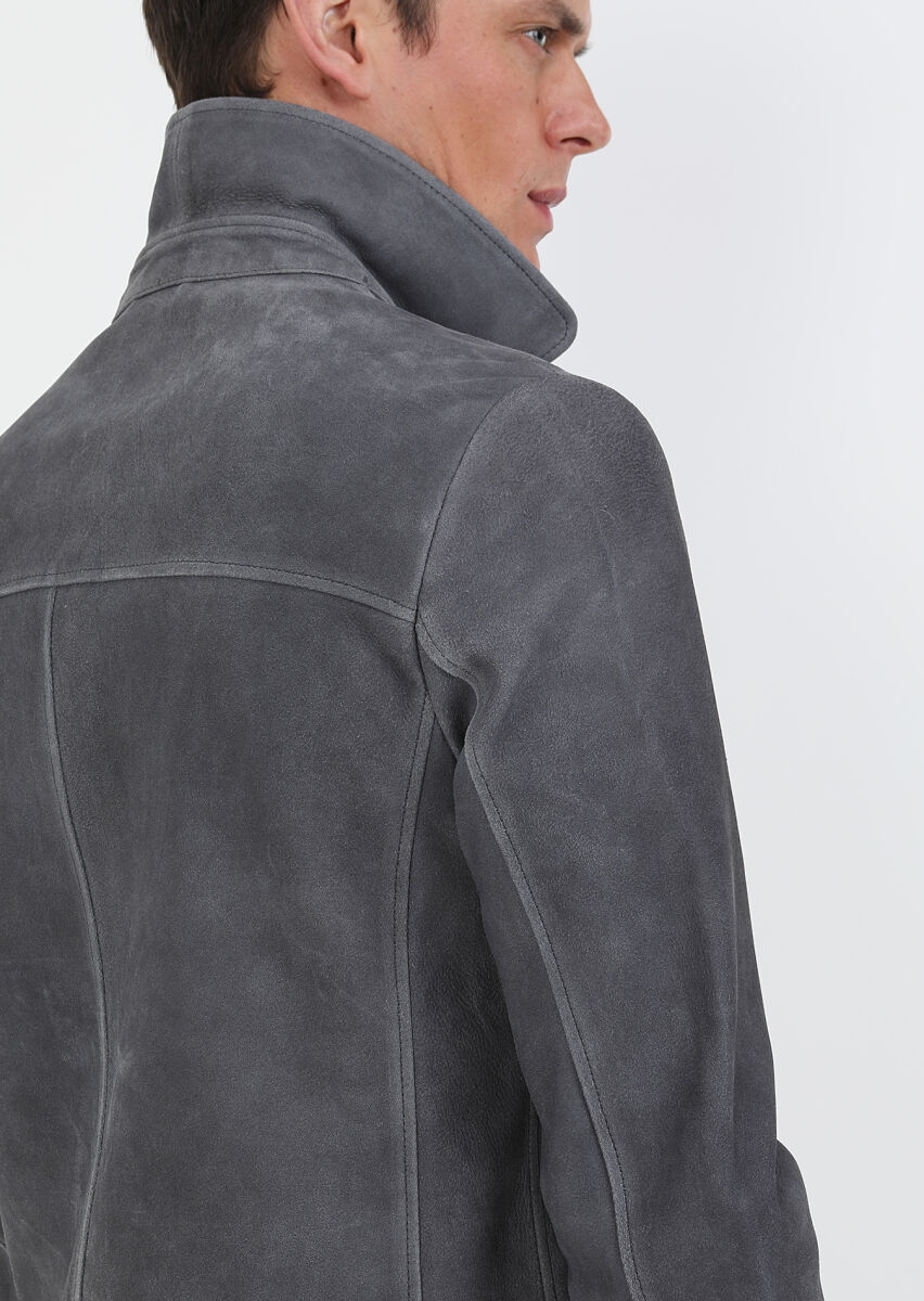 Antrasit Regular Fit Gömlek Yaka Casual Süet Deri Mont - 8