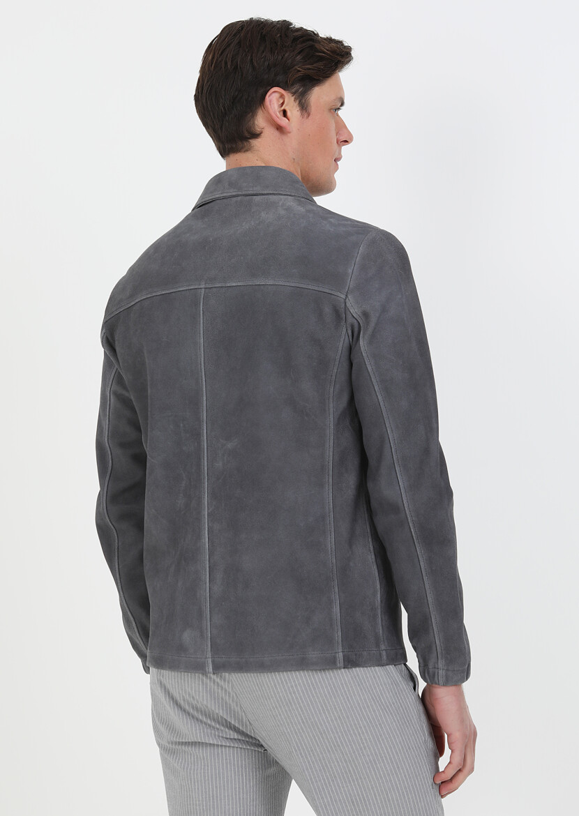 Antrasit Regular Fit Gömlek Yaka Casual Süet Deri Mont - 9