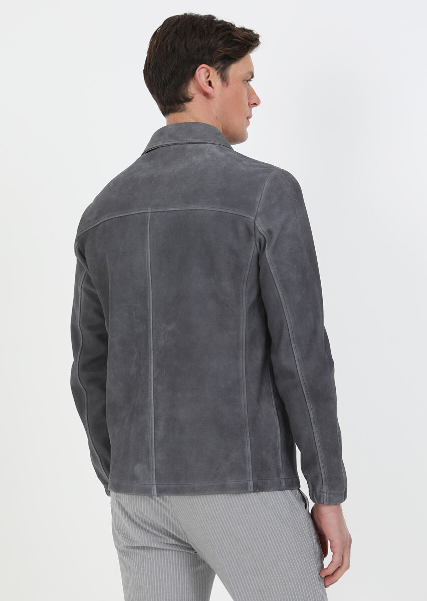 Antrasit Regular Fit Gömlek Yaka Casual Süet Deri Mont - 9