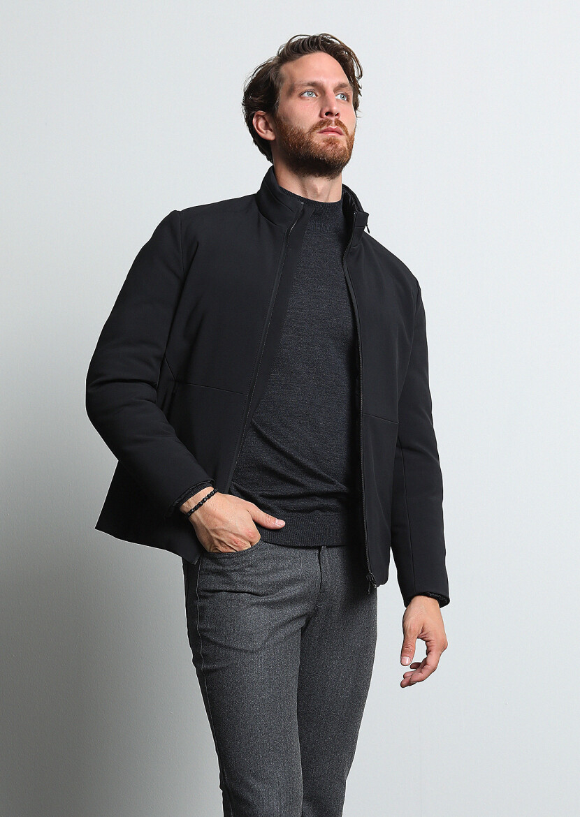 Antrasit Yarım Balıkçı Yaka Jakarlı %100 Yün Triko Kazak - 4