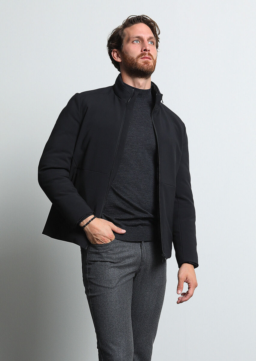 Antrasit Yarım Balıkçı Yaka Jakarlı %100 Yün Triko Kazak - 4