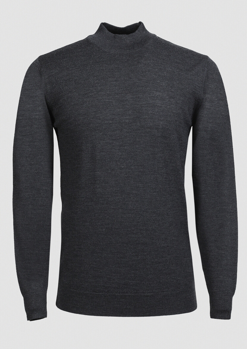 Antrasit Yarım Balıkçı Yaka Jakarlı %100 Yün Triko Kazak - 6