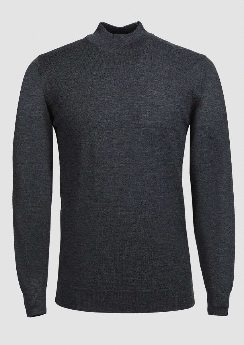 Antrasit Yarım Balıkçı Yaka Jakarlı %100 Yün Triko Kazak - 6