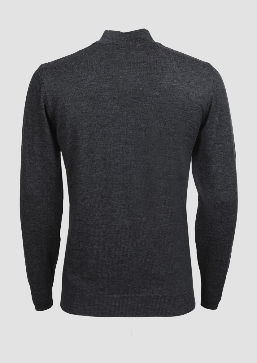 Antrasit Yarım Balıkçı Yaka Jakarlı %100 Yün Triko Kazak - 7