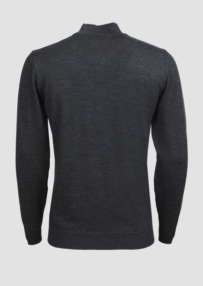 Antrasit Yarım Balıkçı Yaka Jakarlı %100 Yün Triko Kazak - 7