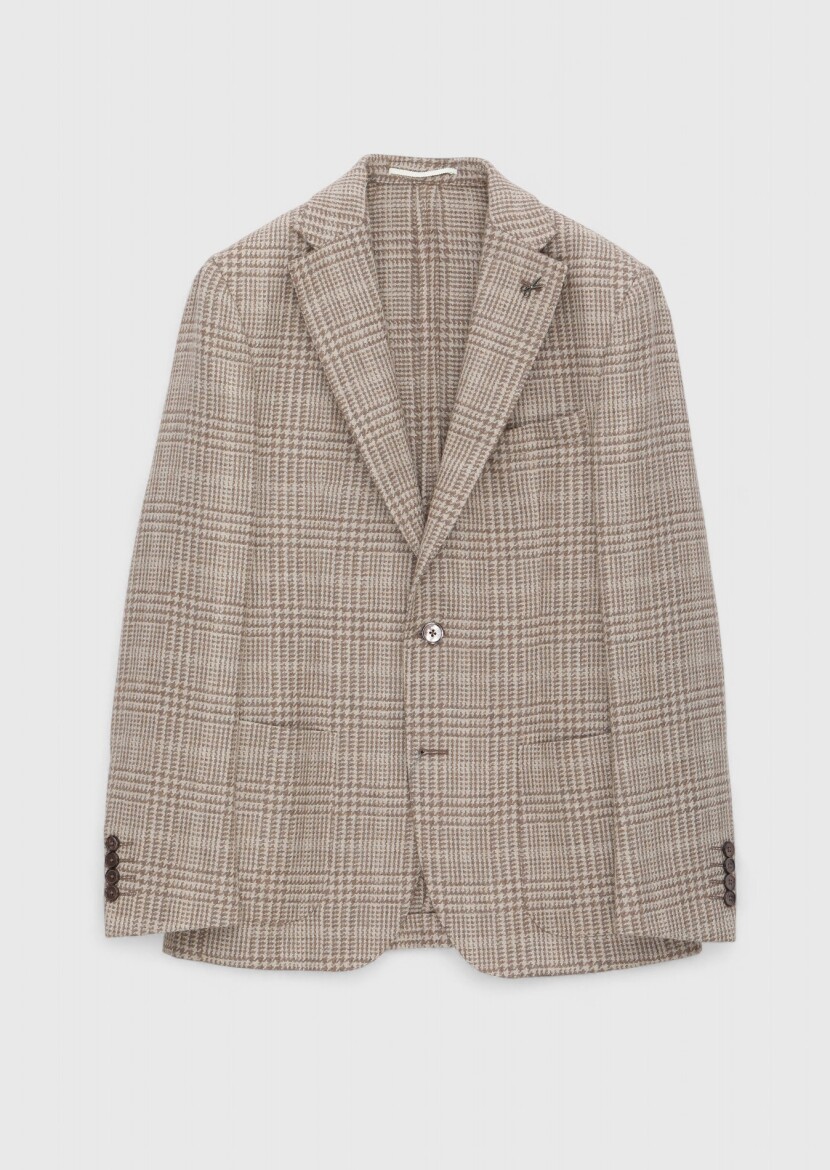 Beige Checkered Shirt Shoulder Slim Fit Wool Blended Jacket - RAMSEY