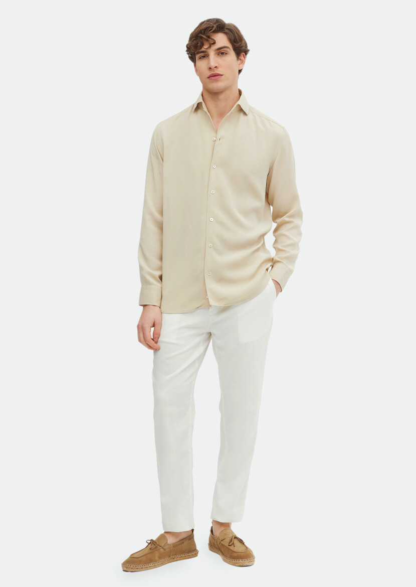 Beige Plain Regular Fit Weaving Casual Shirt 