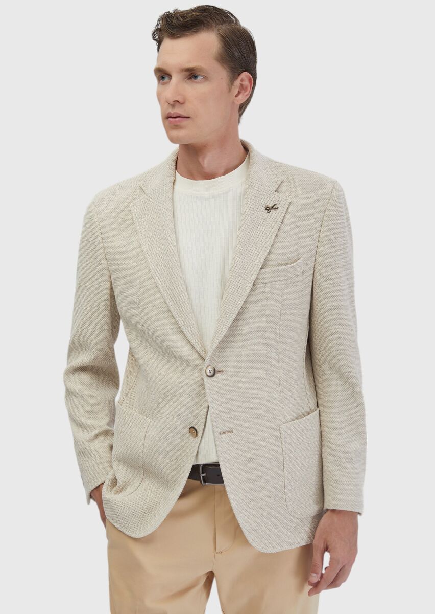 Beige Plain Shirt Shoulder Slim Fit Cotton Blended Jacket - 1