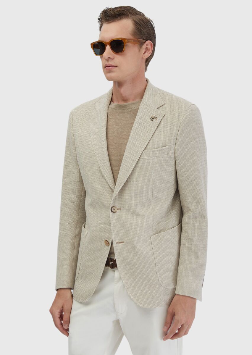 Beige Plain Shirt Shoulder Slim Fit Cotton Blended Jacket - 2
