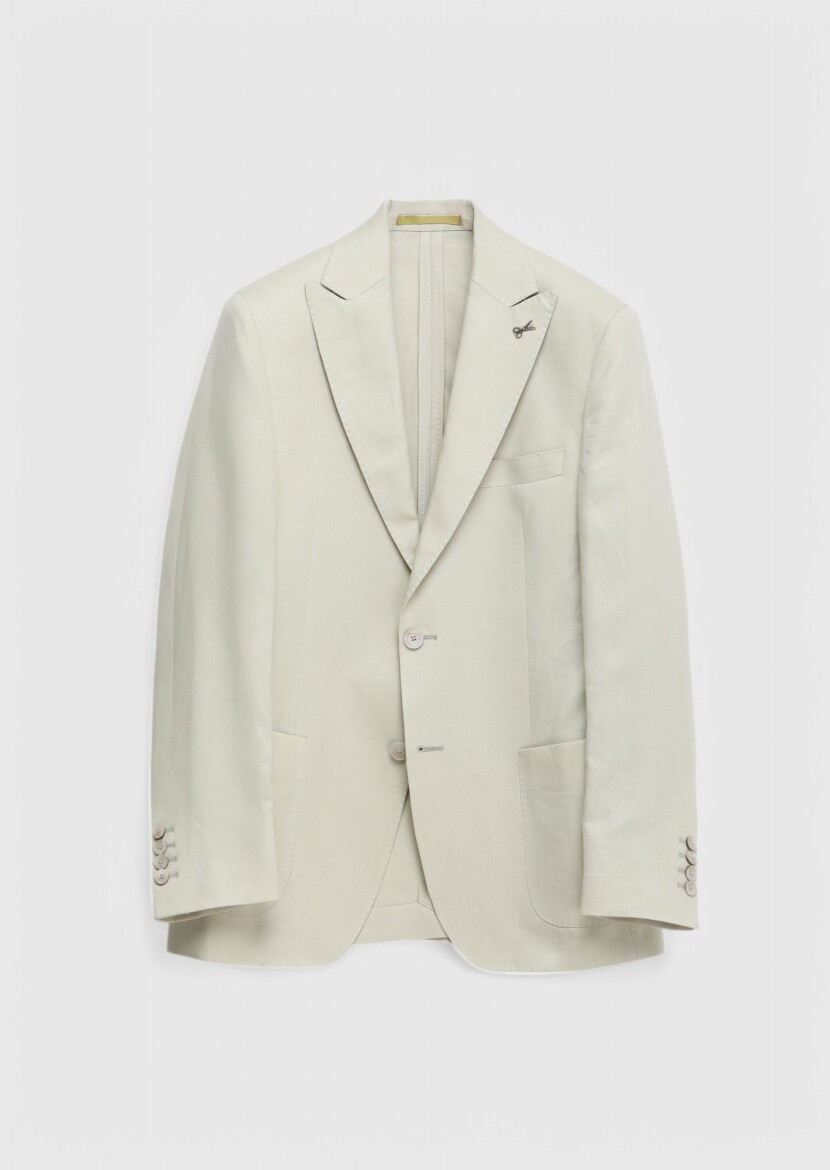 Beige Plain Zeroweight Slim Fit 100% Linen Suit - 1