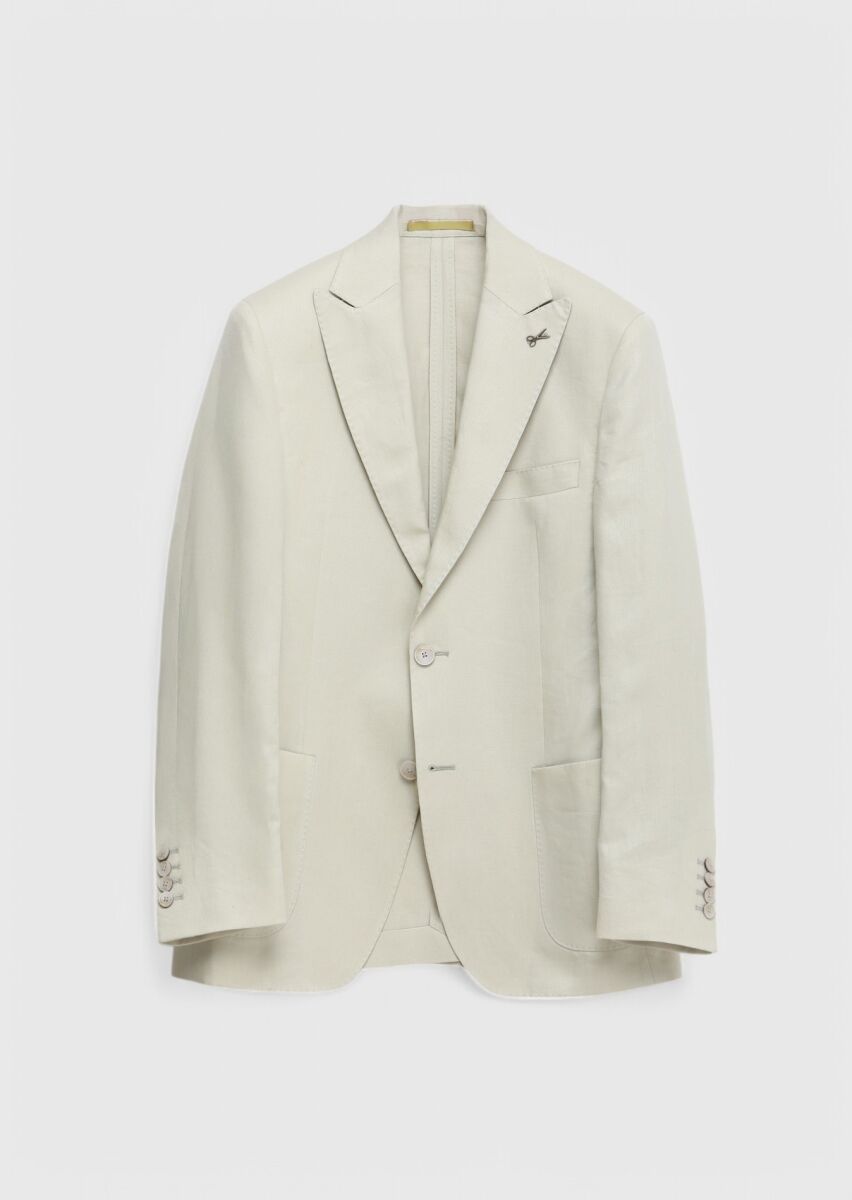 Beige Plain Zeroweight Slim Fit 100% Linen Suit - 1