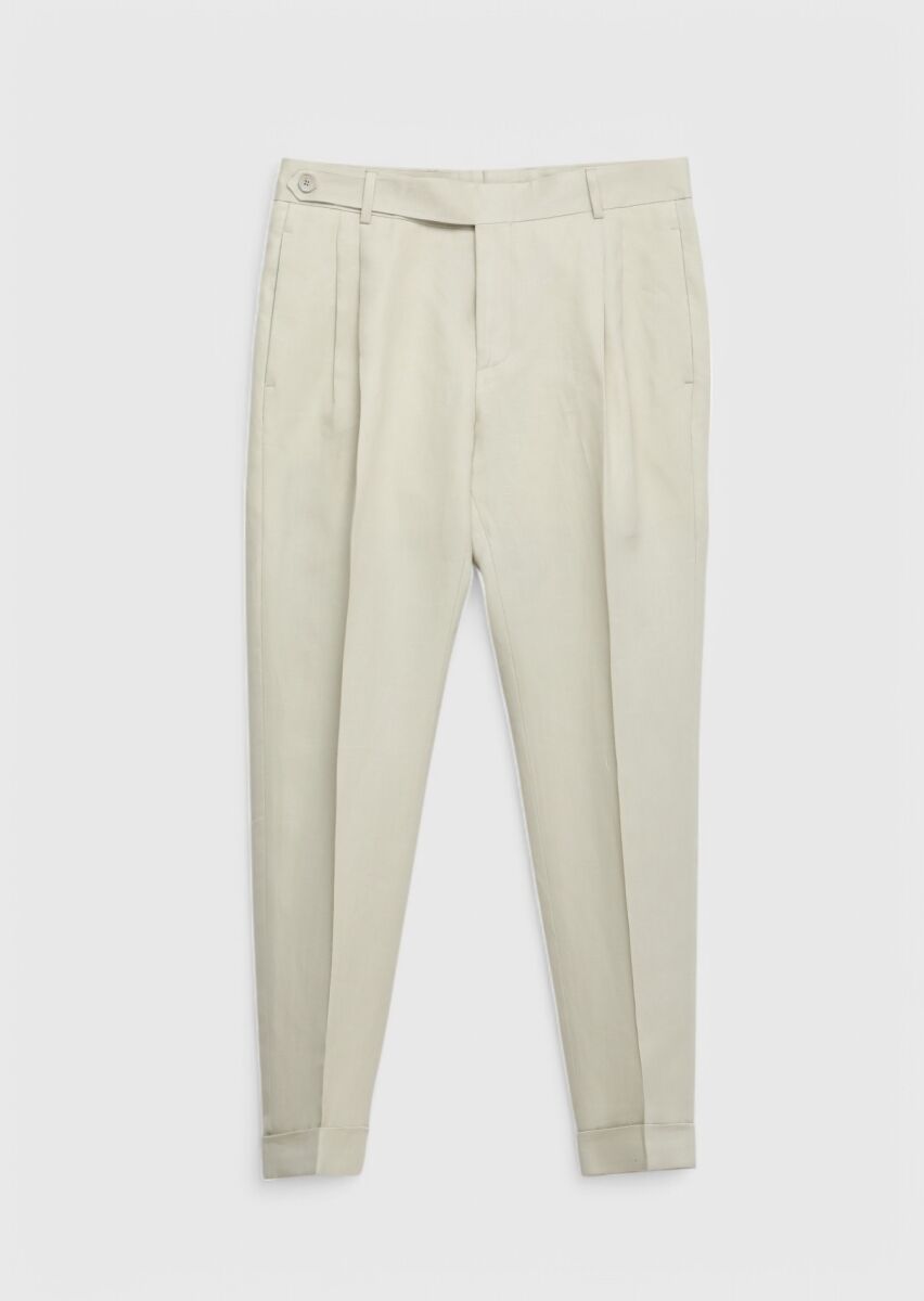 Beige Plain Zeroweight Slim Fit 100% Linen Suit - 2