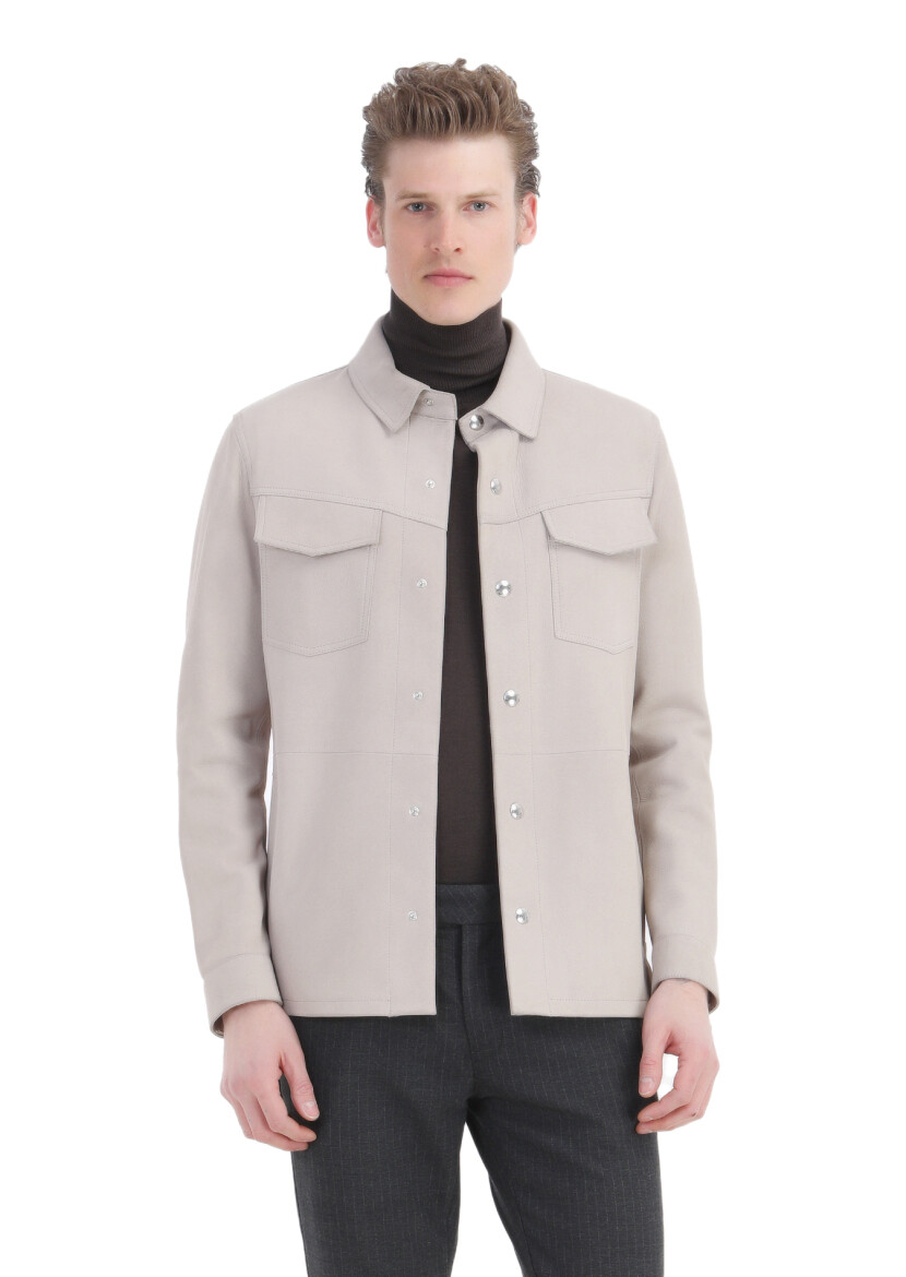 Beige Regular Fit Shirt Collar Casual Suede Leather Coat - RAMSEY