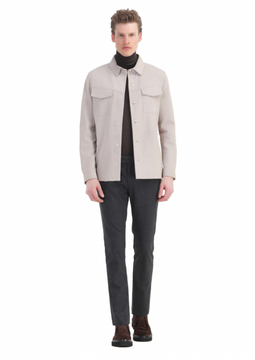Beige Regular Fit Shirt Collar Casual Suede Leather Coat - RAMSEY