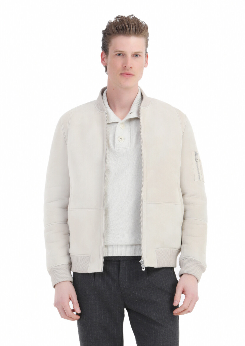 Beige Regular Fit Turtleneck Casual Fur Leather Coat - RAMSEY